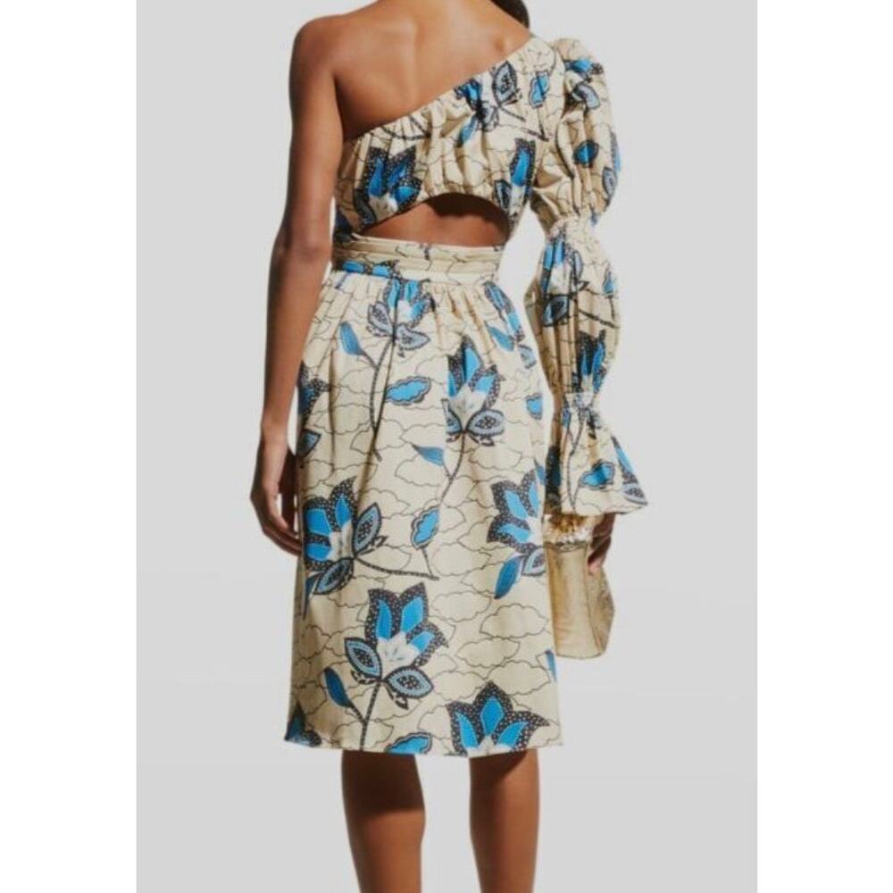Autumn Adeigbo Blue Floral One Shoulder Puff Sleeve Cutout Midi Dress Size 4 - Picture 3 of 6